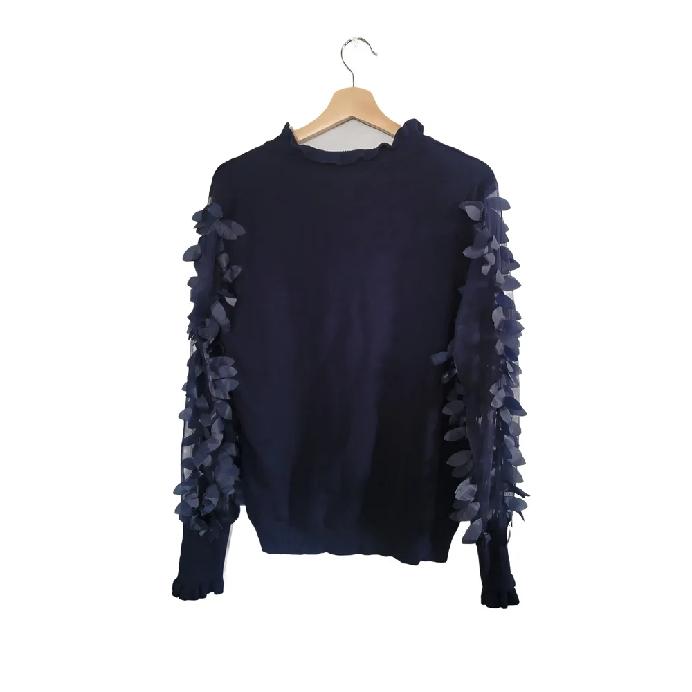 WILDFLOWERS Size L Sweater With Sheer Petal Applique Sleeves Ruffle Trim - Picture 2 of 10